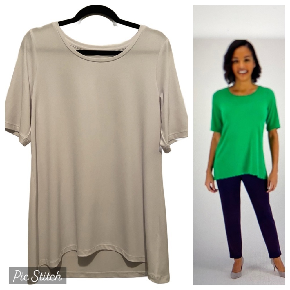 Susan Graver Liquid Knit Hi Low Elbow SleeveTunic Top White M New